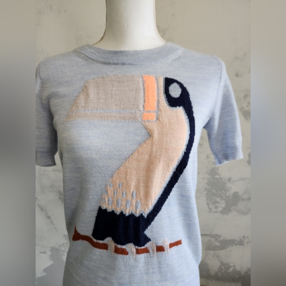 JCrew Light Blue Toucan Short Sleeve Merino Wool Sweater Size XS. - Picture 2 of 5
